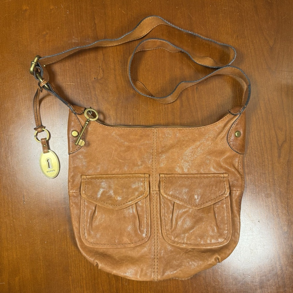 Vintage Brown Fossil Leather Crossbody Saddle Purse Messenger Bag Y2K Key‎